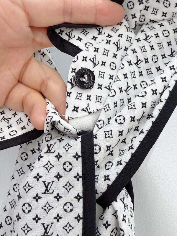 LV Monogram Collar Shirt with Ribbon White in Chiffon Fabric 221048