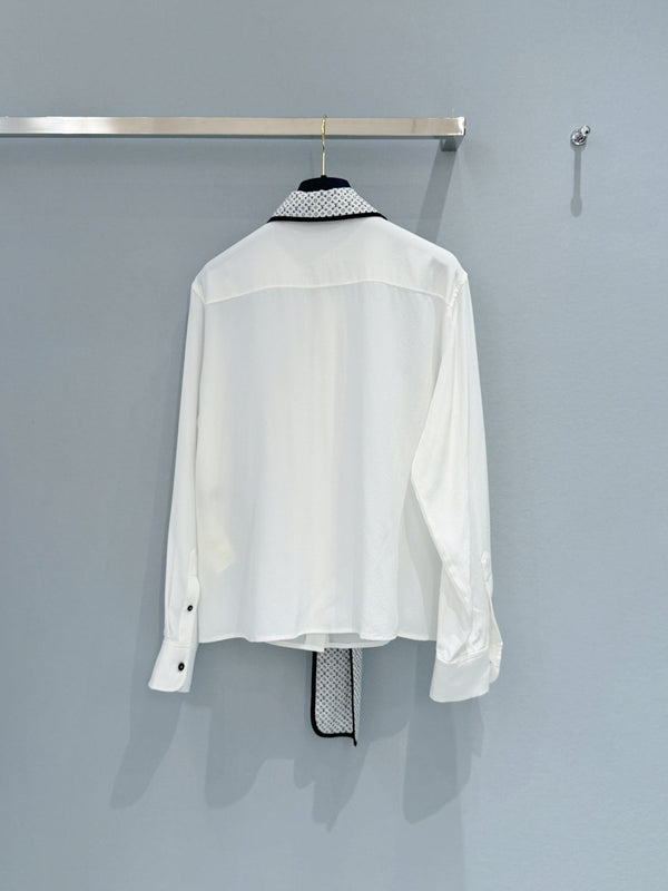 LV Monogram Collar Shirt with Ribbon White in Chiffon Fabric 221048