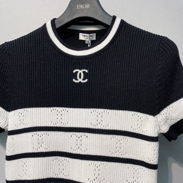 Chanel 26 Striped Knit Short-Sleeve T-Shirt Black White in Tencel  254162