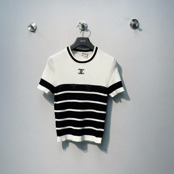 Chanel 26 Striped Knit Short-Sleeve T-Shirt White Black in Tencel 254161