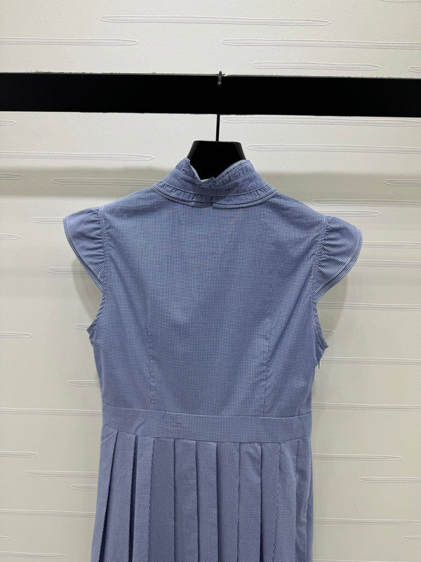 Miu Miu 26 Blue Plaid Pleated Dress with Puffed sleeves Blue in Cotton 254537