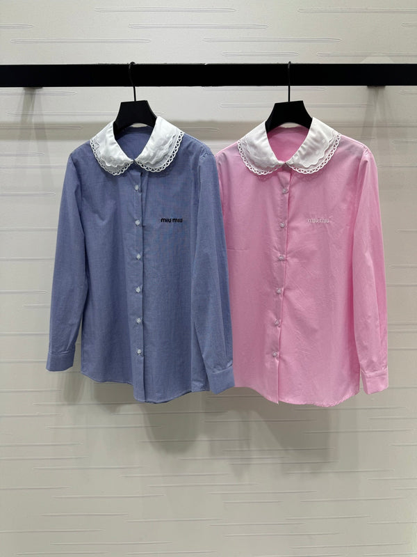 Miu Miu 26 Collar Plaid Shirt Blue in Cotton 254535