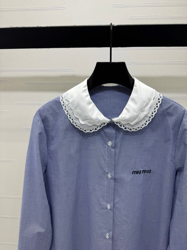 Miu Miu 26 Collar Plaid Shirt Blue in Cotton 254535