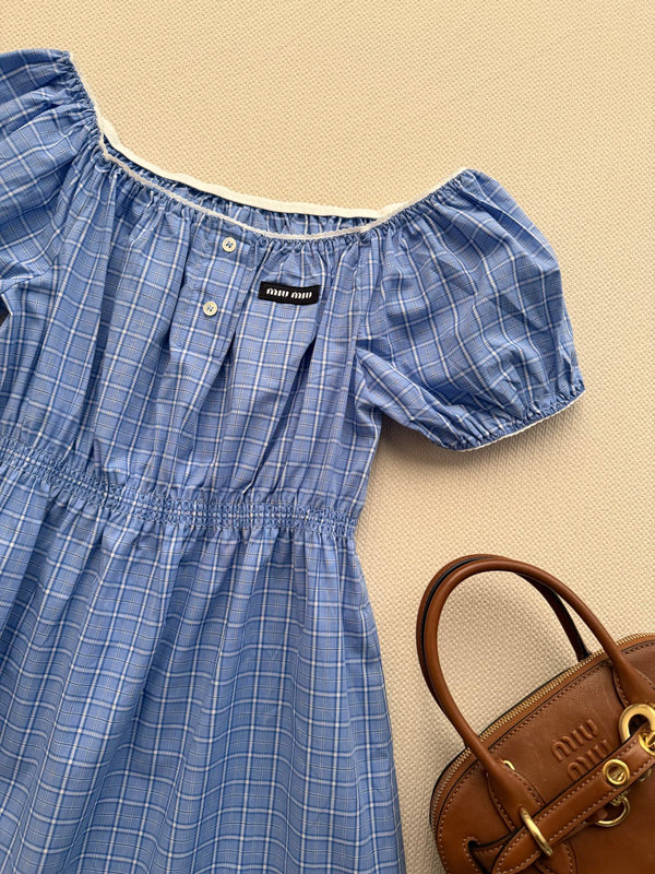 Miu Miu 26 Blue and White Checkered Off-Shoulder Dress in Cotton 251673