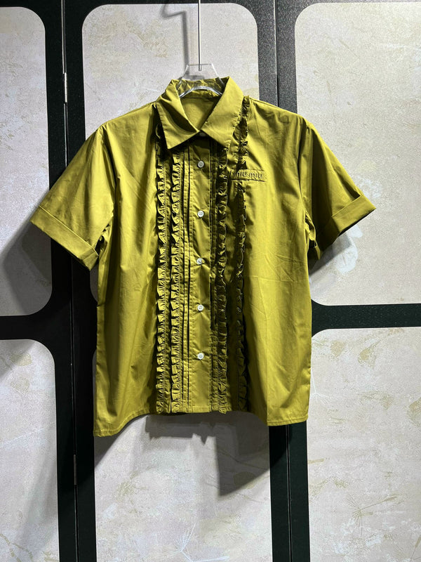 Miu Miu Green Ruffled Short-Sleeve Shirt + Skirt in Cotton 250945