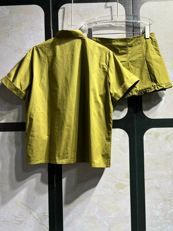 Miu Miu Green Ruffled Short-Sleeve Shirt + Skirt in Cotton 250945