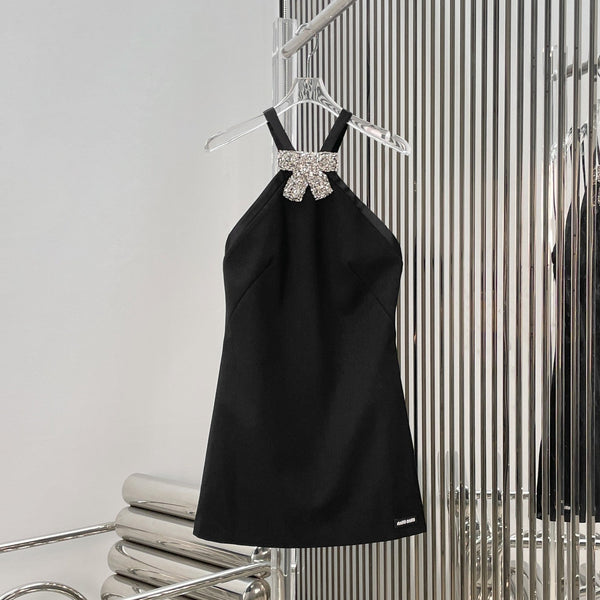 Miu Miu 26 Rhinestone Bow Waist-cinching Dress Black in Polyester 205618