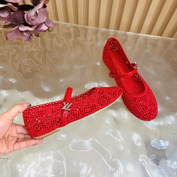 LV Romy Flat Ballerina Red in Crochet 703068