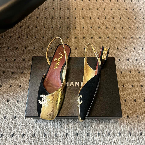 Chanel 26SS Color-Blocked Slingback Gold Black in Lambskin 708083