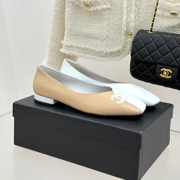 CC 26S Double C Patchwork Ballet Flat Beige White in Cowhide 706368