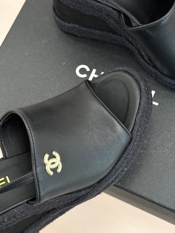 Chanel 26P Double C Rope Wedge Peep Toe Sandals Black in 706353