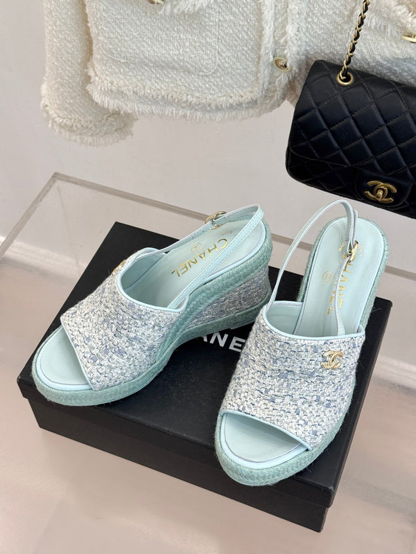 Chanel 26P Double C Rope Wedge Peep Toe Sandals Mint green in Knit 706350