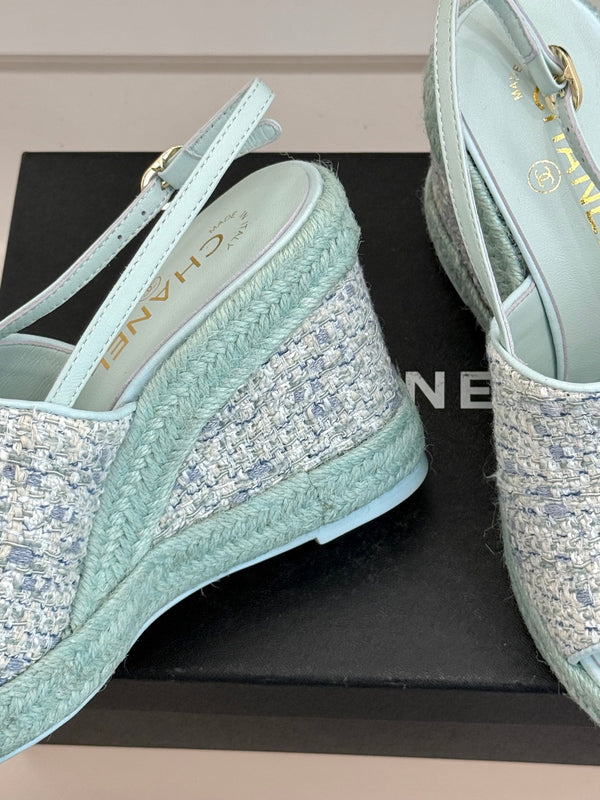 Chanel 26P Double C Rope Wedge Peep Toe Sandals Mint green in Knit 706350