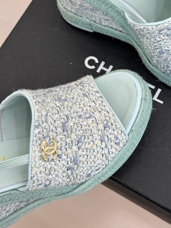 Chanel 26P Double C Rope Wedge Peep Toe Sandals Mint green in Knit 706350