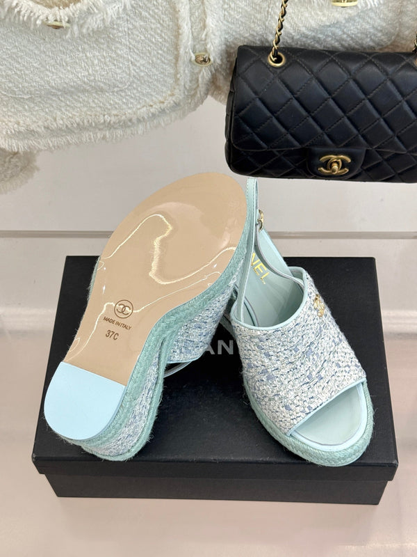 Chanel 26P Double C Rope Wedge Peep Toe Sandals Mint green in Knit 706350