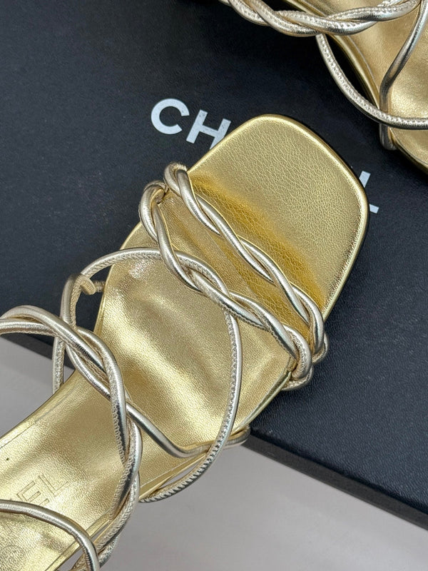CC 26P Double C Strappy Square Toe High-Heeled 70 Sandals Gold in Cowhide 706345