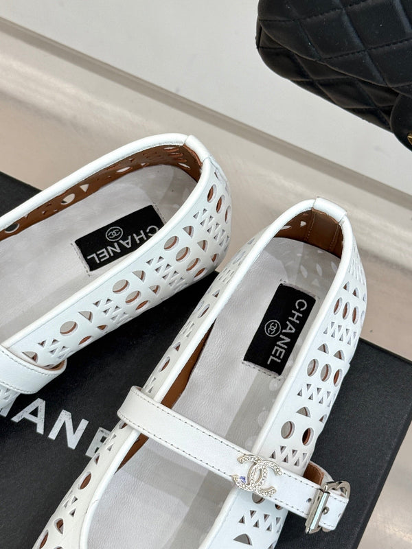 Chanel 26 Classic Double C Perforated Mary Jane Flats White in Cowhide 717777