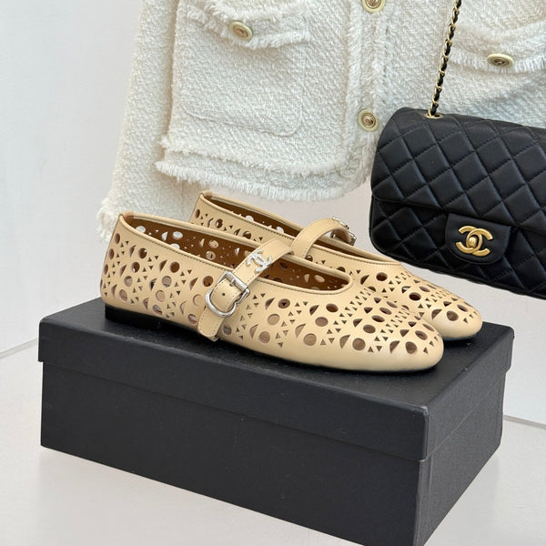 Chanel 26 Classic Double C Perforated Mary Jane Flats Beige in Cowhide 717775