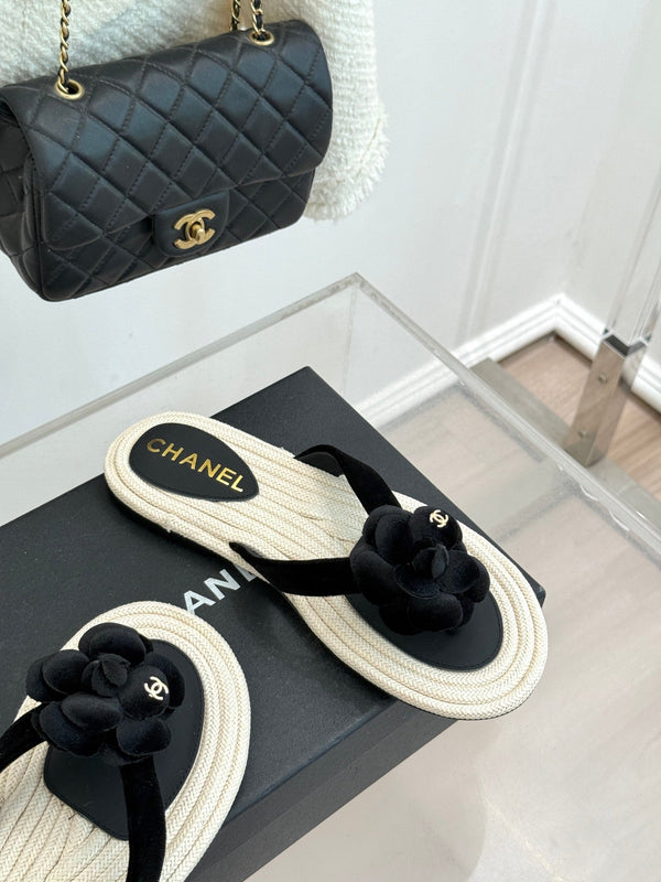 Chanel 26C Camellia Rope-Soled Flip-Flops Black in Velvet 717718