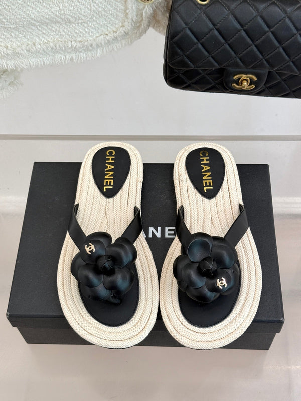 Chanel 26C Camellia Rope-Soled Flip-Flops Black in Sheepskin 717715