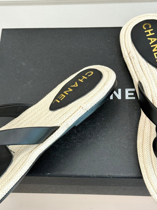 Chanel 26C Camellia Rope-Soled Flip-Flops Black in Sheepskin 717715