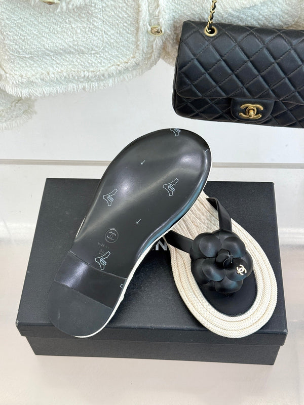 Chanel 26C Camellia Rope-Soled Flip-Flops Black in Sheepskin 717715
