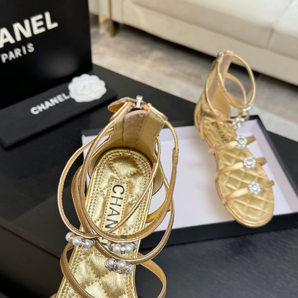 Chanel Camellia Pearl Chunky Heel Sandals Gold In Cowhide Leather 717699