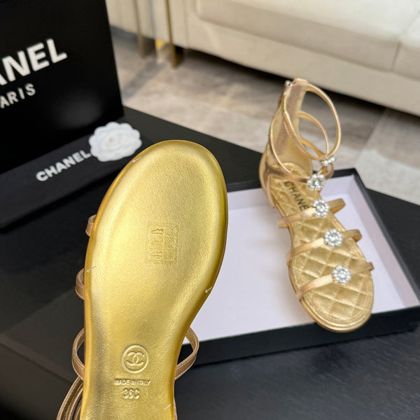 Chanel Camellia Pearl Chunky Heel Sandals Gold In Cowhide Leather 717699