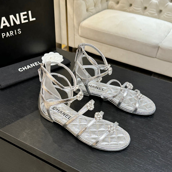 Chanel Camellia Pearl Chunky Heel Sandals Silver In Cowhide Leather 717697