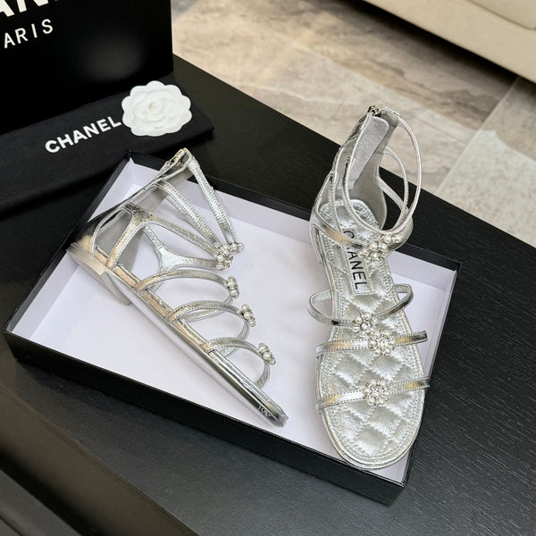 Chanel Camellia Pearl Chunky Heel Sandals Silver In Cowhide Leather 717697