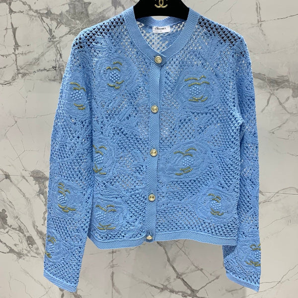 Chanel Embroidered Hollow-Out Cardigan Blue in Cotton 298307