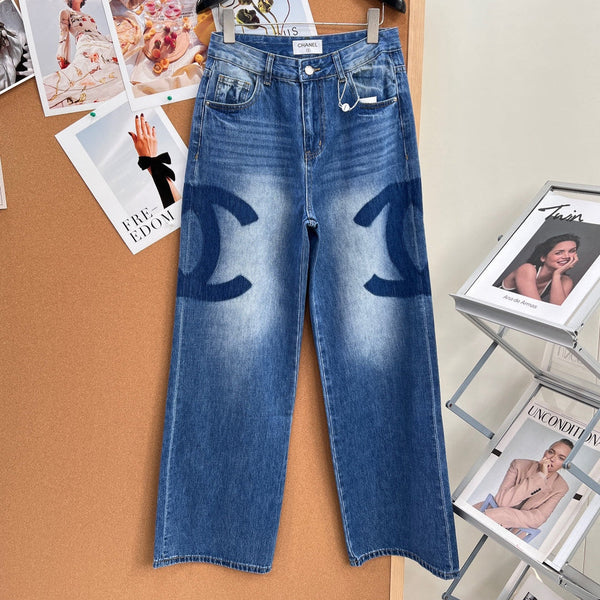 Chanel 26 Double C Logo Straight Leg Pants Blue in Cotton 298254