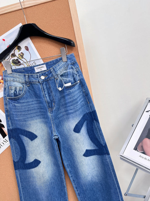Chanel 26 Double C Logo Straight Leg Pants Blue in Cotton 298254