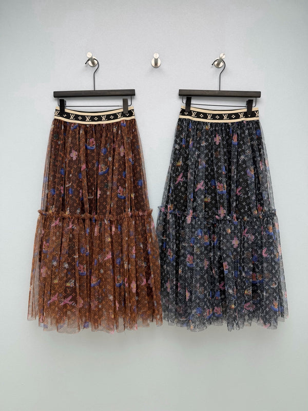 LV 26 Monogram Print Tulle Skirt Brown in Cotton 371756