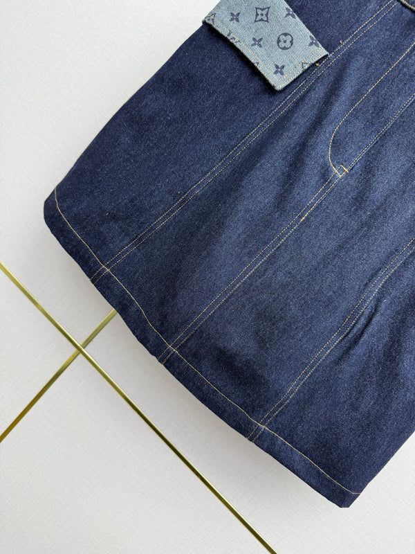 LV 26SS Denim Skirt Monogram Print Patchwork Decoration Dark Blue In Cotton 367728