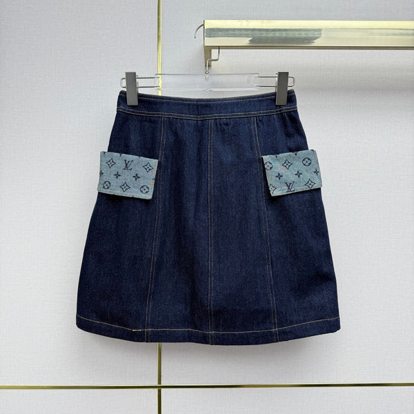 LV 26SS Denim Skirt Monogram Print Patchwork Decoration Dark Blue In Cotton 367728