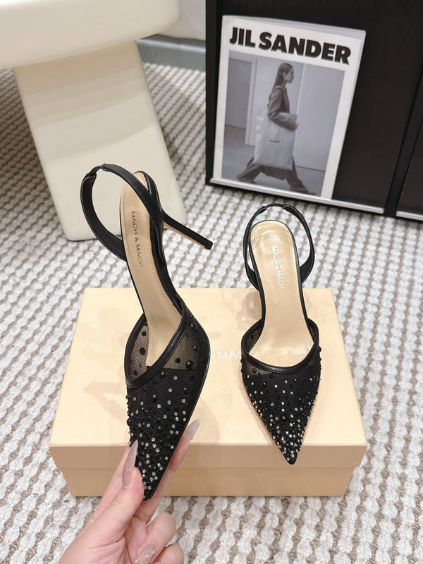 Mach & Mach 26 Pointed Toe High Heels 85 Crystal Black in Sheepskin 722816