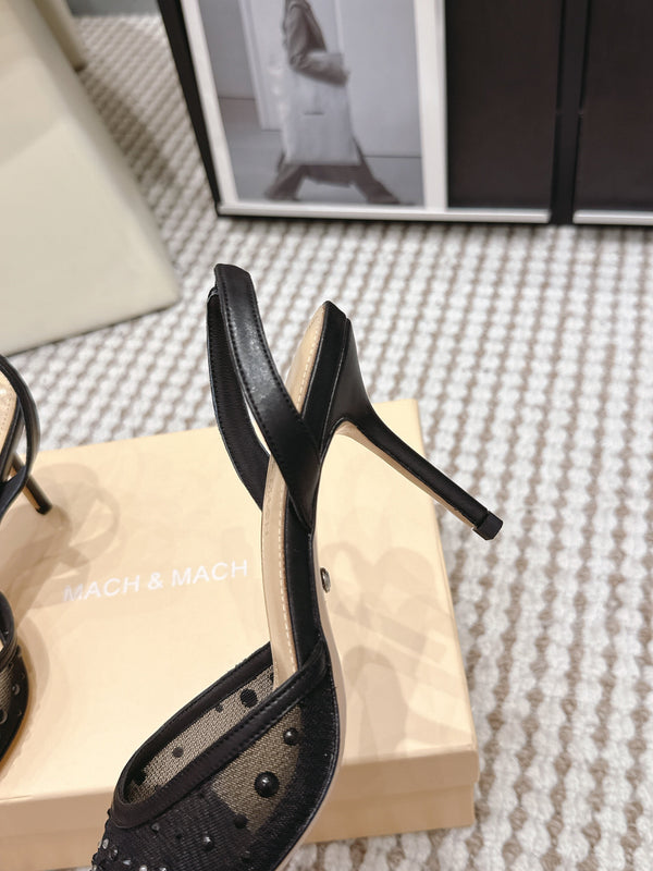 Mach & Mach 26 Pointed Toe High Heels 85 Crystal Black in Sheepskin 722816