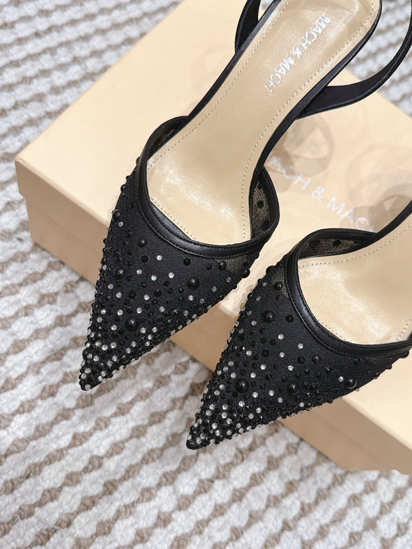 Mach & Mach 26 Pointed Toe High Heels 85 Crystal Black in Sheepskin 722816