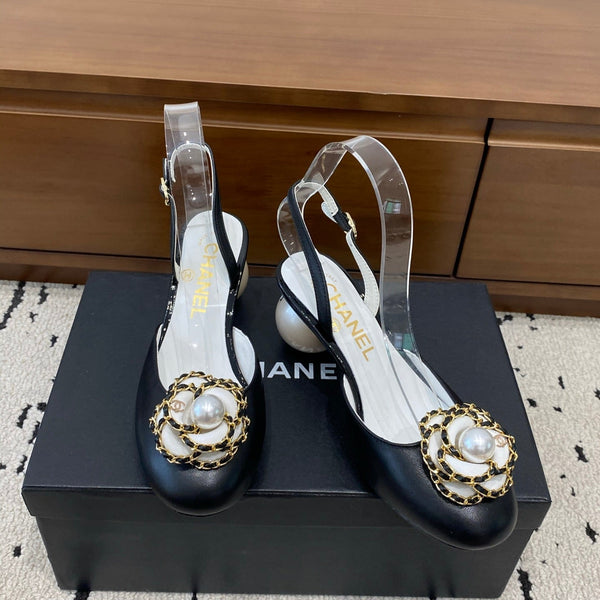 Chanel 26 Round Toe Pearl Heel 50 Shoes Black in Cowhide 729340