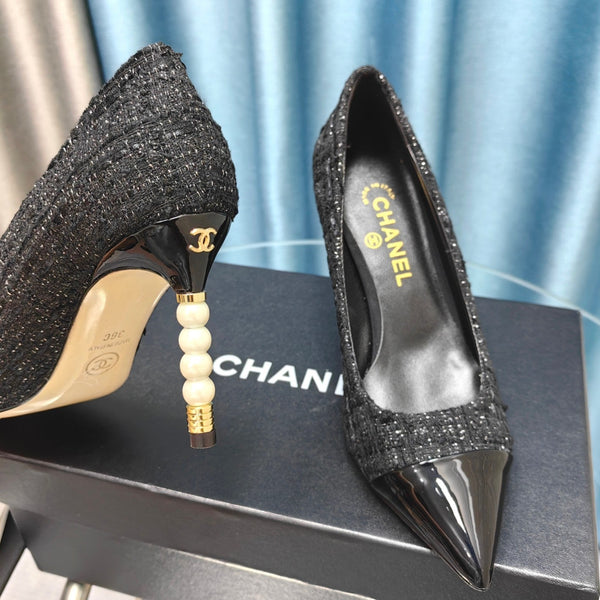 Chanel 26 Pointed Toe 85mm Pearl Black in Coarse Tweed 712805