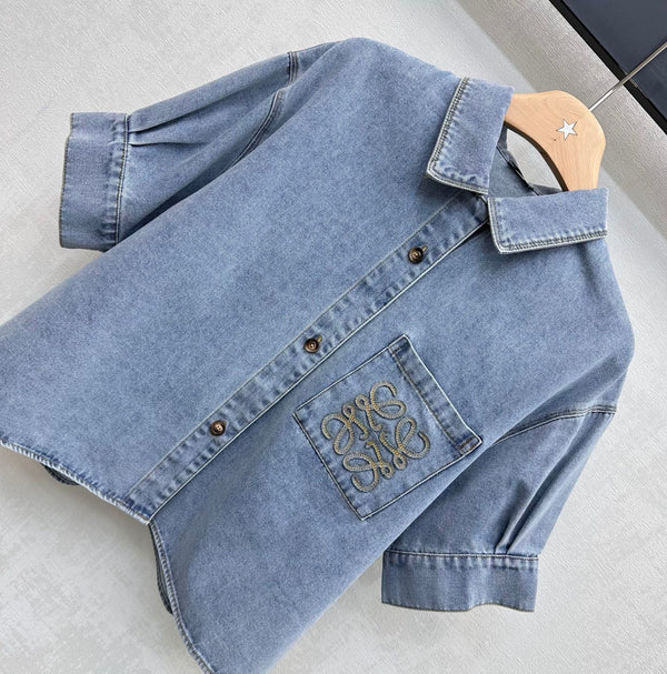 Loewe 26 Embroidered Short-Sleeve Shirt Blue in YB Twill Cotton Denim 375338