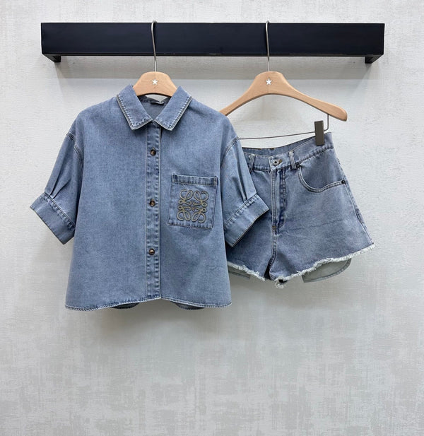 Loewe 26 Embroidered Short-Sleeve Shirt Blue in YB Twill Cotton Denim 375338