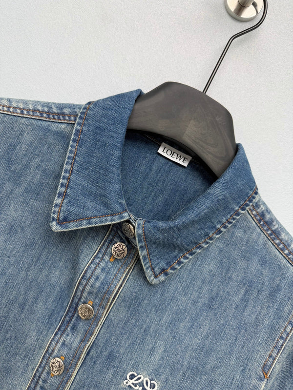 Loewe 26 Collared Short-Sleeve Denim Shirt Dress Blue in Cotton 373781