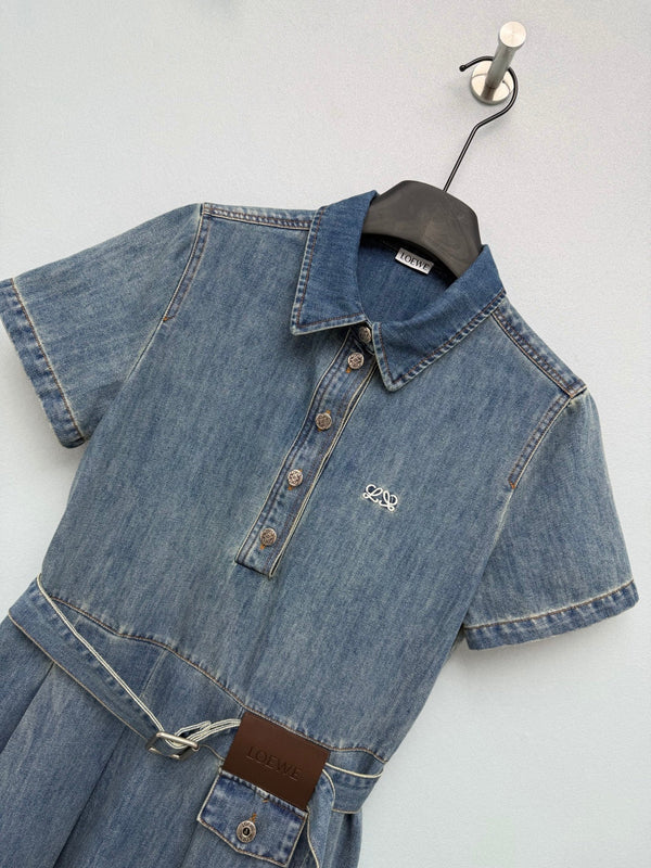 Loewe 26 Collared Short-Sleeve Denim Shirt Dress Blue in Cotton 373781