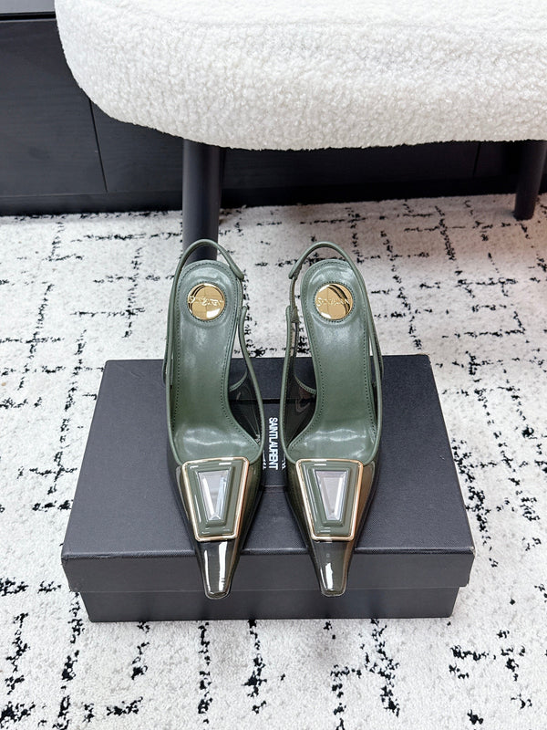 YSL Slingback High-Heeled 10.5 Dark Green in PVC Film 743651