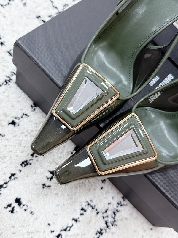 YSL Slingback High-Heeled 10.5 Dark Green in PVC Film 743651
