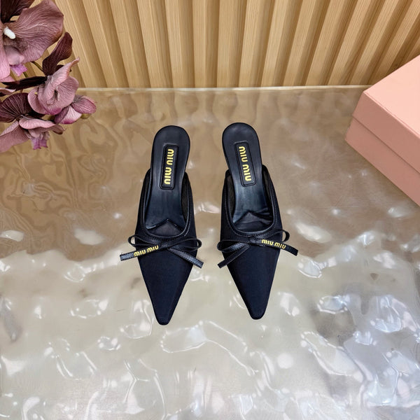 Miu Mules Pointed-Toe High Heels 55 Black in Mesh 749066