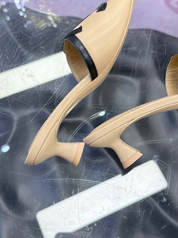 CC Double C Logo Kitten Heel 25mm Sandals Beige in Leather 757853