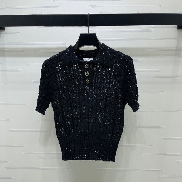 CC 26 Openwork Knit Short-Sleeve Top Black in Wool Knitwear 380813